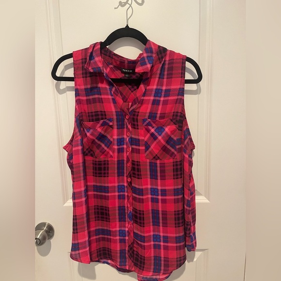 Torrid Pink and Blue Plaid Button-Up Top - Picture 1 of 4